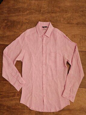Bohio Pink Structured Linen Long Sleeve Button‑Down Shirt • Men’s Small